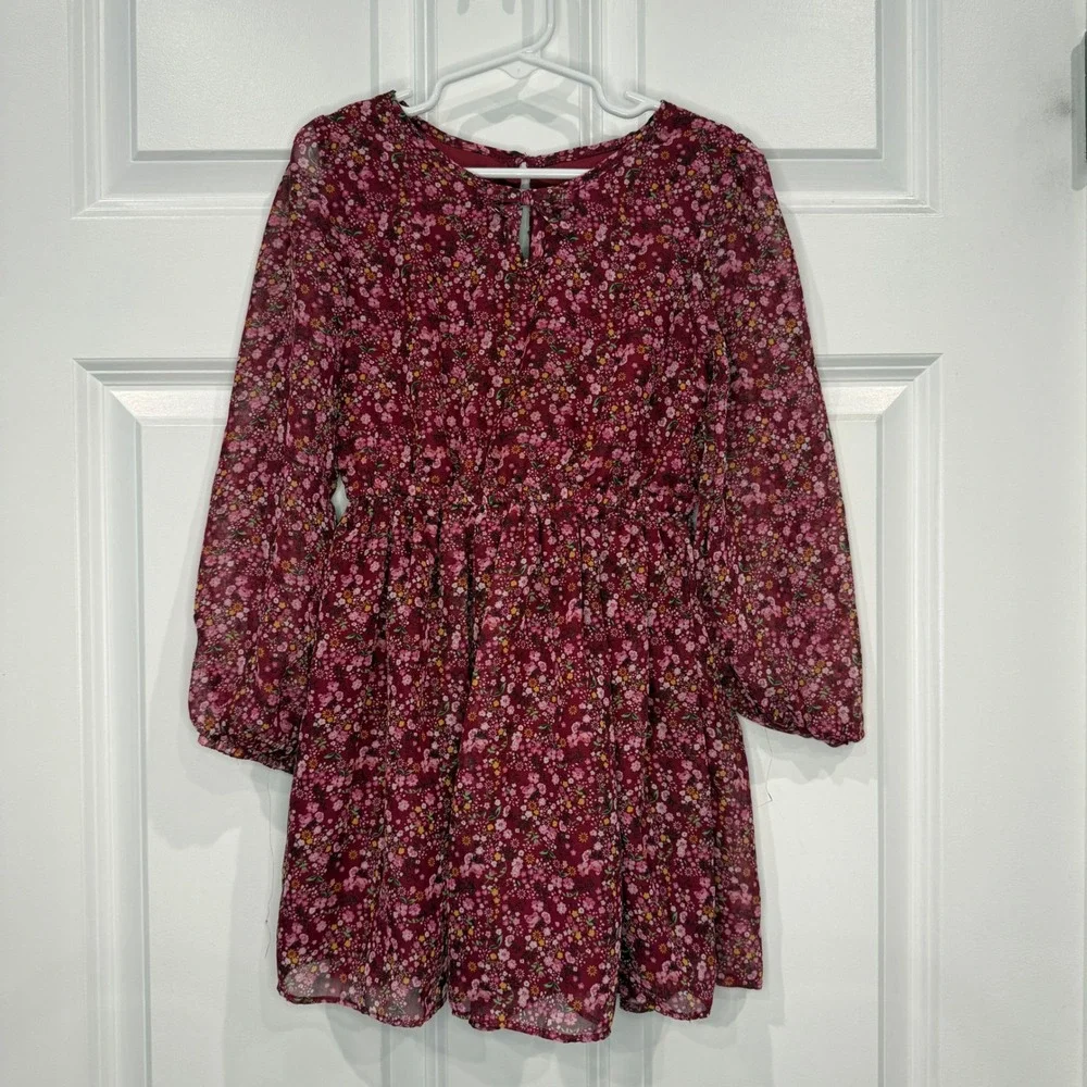 Little Lass Girls Burgundy Floral Chiffon Long‎ Sleeve Dress Size 6